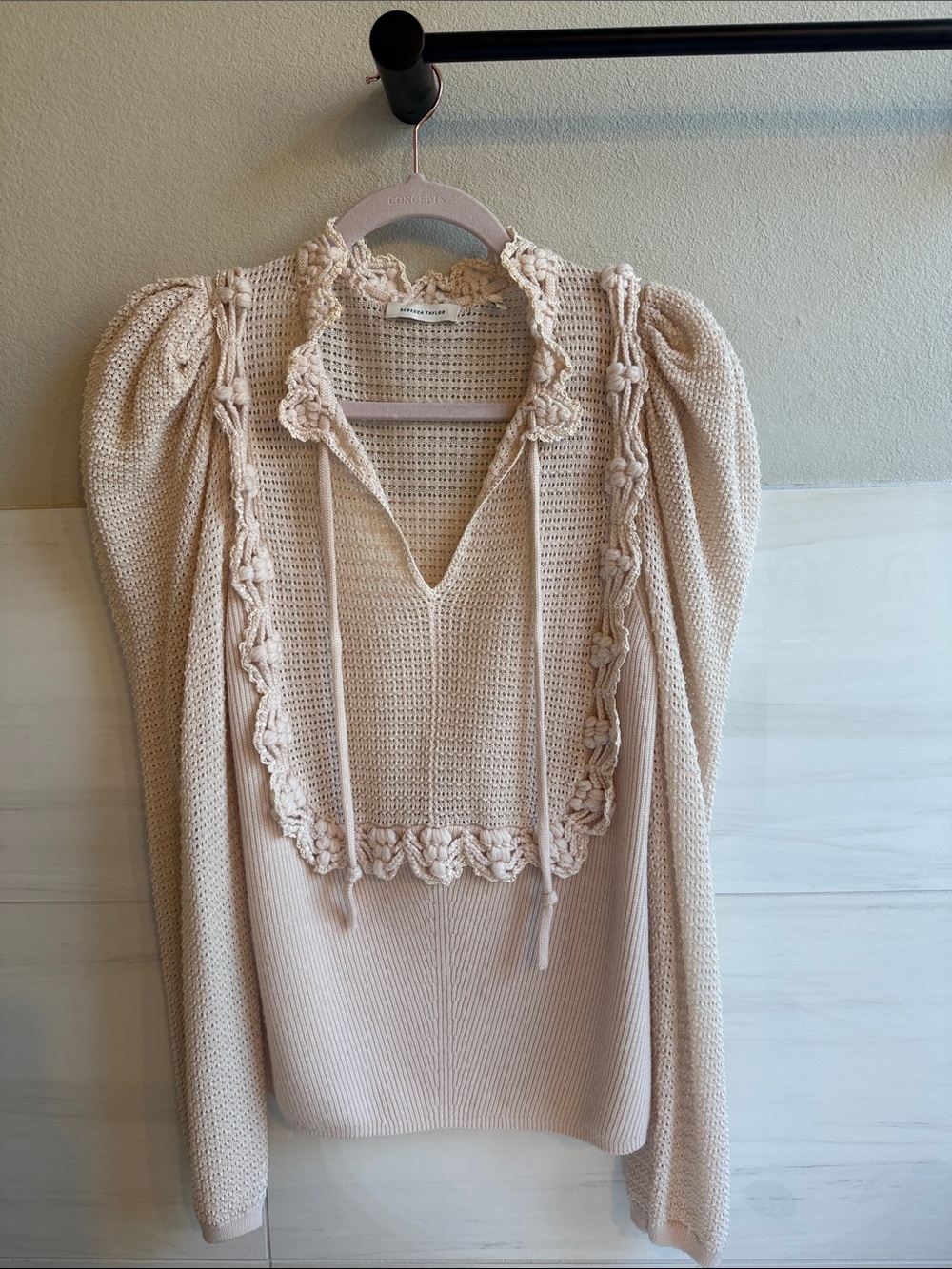 Rebecca Taylor Cream Crochet-Trim Puff-Sleeve Knit Top